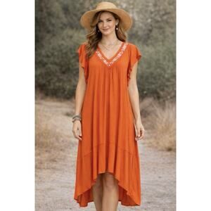 NWT Cupio Women’s XL Embroidered Orange Hi Low Midi Dress Flutter Sleeve Boho